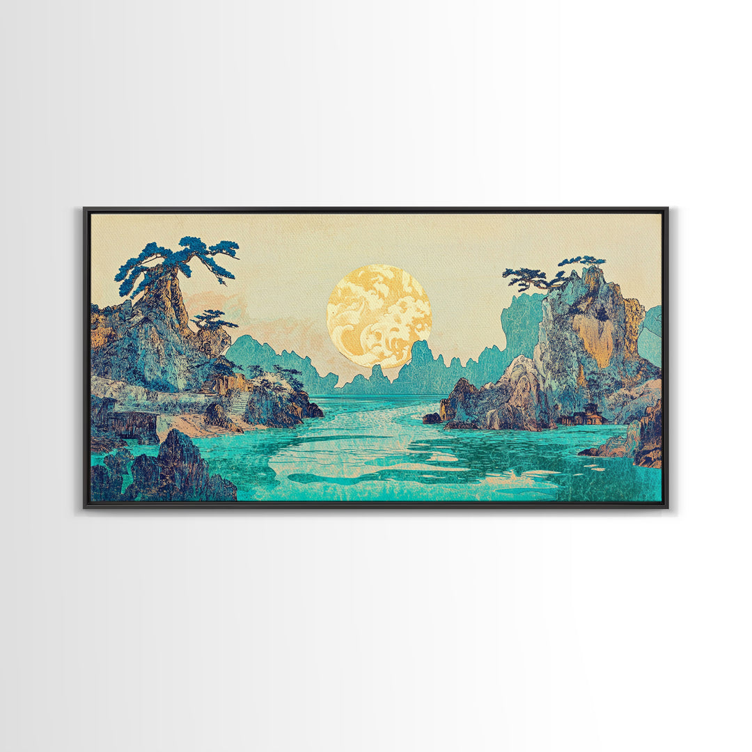 Golden Moon Tropical Seascape Framed Canvas Print, Japanese Wall Art, Coastal Landscape, Celestial Ocean Living Room Decor