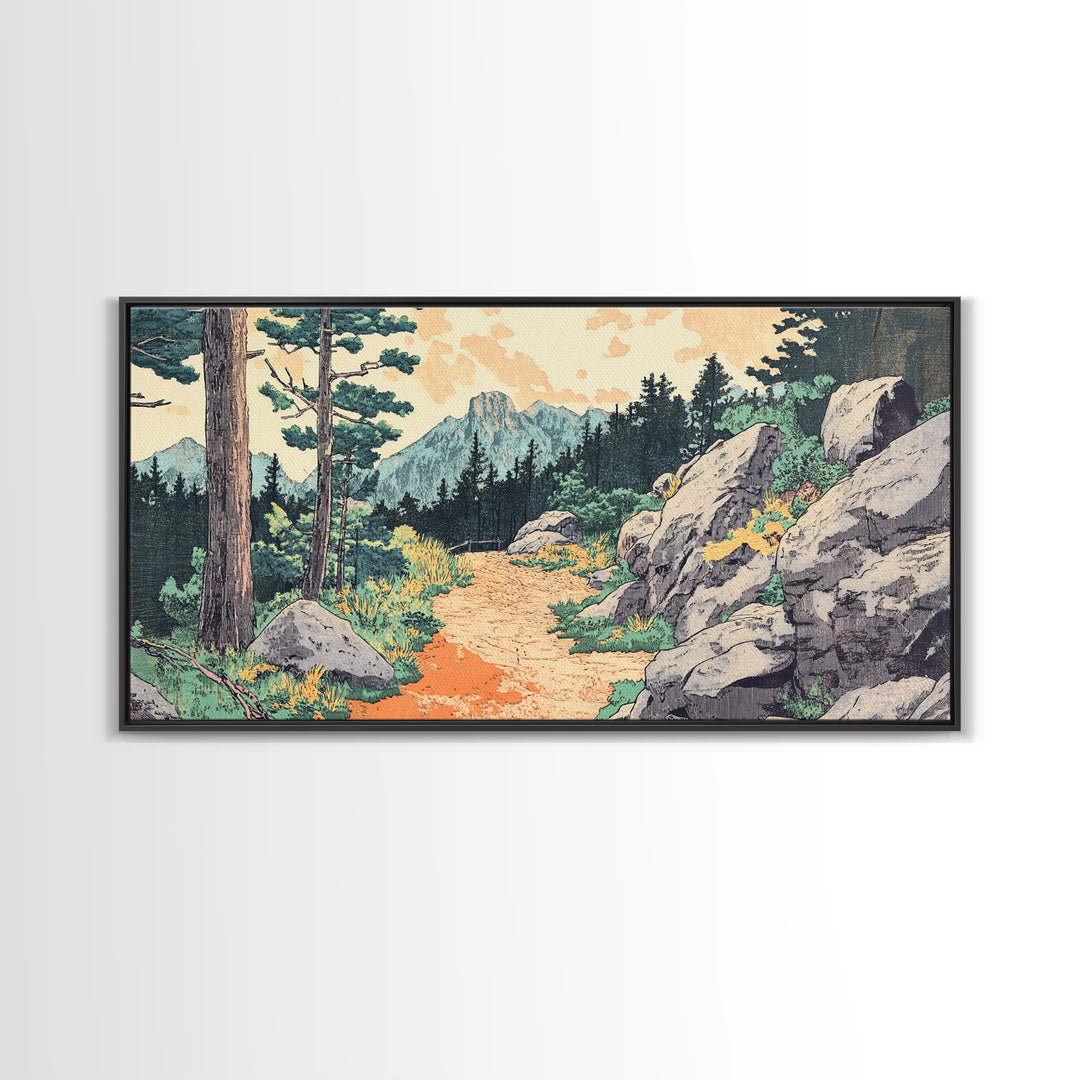 Mountain Forest Trail Framed Canvas Print, Japanese Landscape Wall Art, Pine Tree Nature Decor, Rustic Living Room Art Print