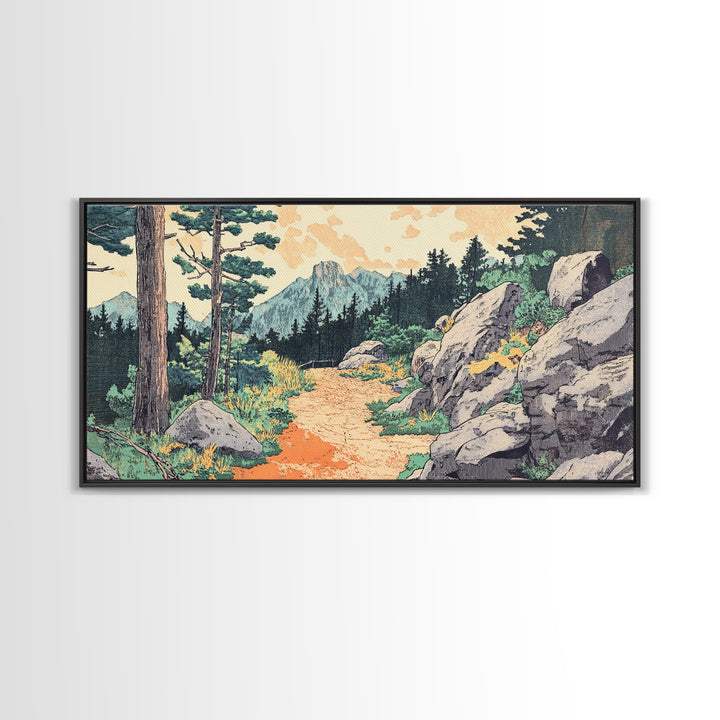 Mountain Forest Trail Framed Canvas Print, Japanese Landscape Wall Art, Pine Tree Nature Decor, Rustic Living Room Art Print