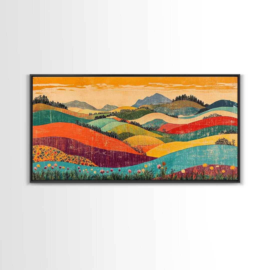 Colorful Rolling Hills And Wildflower Valley Wall Art, Modern Landscape Art Print, Boho Living Room Decor, Housewarming Gift