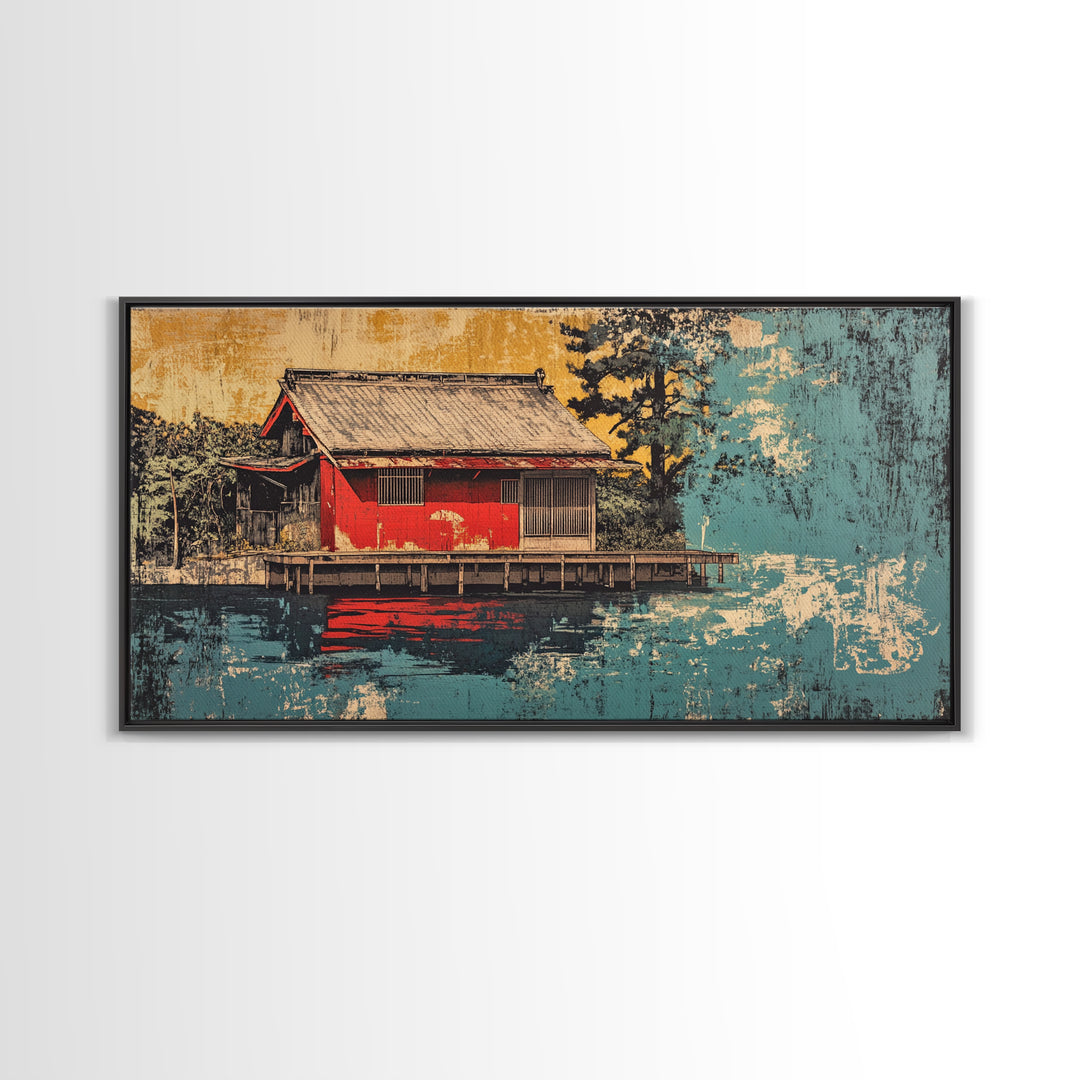 Red Lakeside Japanese House And Reflection Wall Art, Tranquil Water Canvas Print, Japandi Decor, Asian Inspired Living Room Art