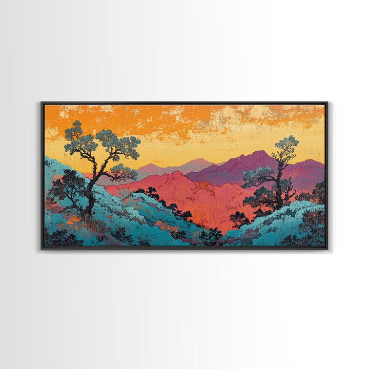 Teal And Purple Mountain Sunset Wall Art, Colorful Landscape Canvas, Southwestern Decor, Large Living Room Art Print, Housewarming Gift
