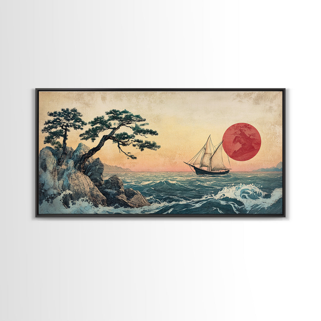 Japanese Sailboat And Red Sun Canvas Print, Coastal Wall Art, Ukiyo E Style Ocean Decor, Asian Inspired Art, Home Decor, Travel Poster