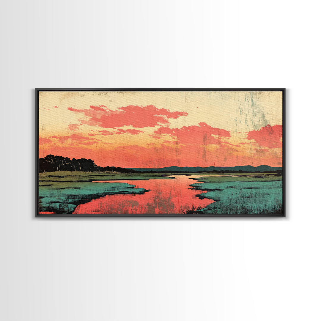 Coral Sunset Marsh Landscape Wall Art, Abstract Landscape Print, Teal Living Room Decor, Modern Coastal Home Decor, Large Wall Art