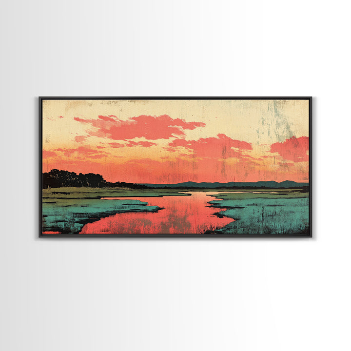 Coral Sunset Marsh Landscape Wall Art, Abstract Landscape Print, Teal Living Room Decor, Modern Coastal Home Decor, Large Wall Art