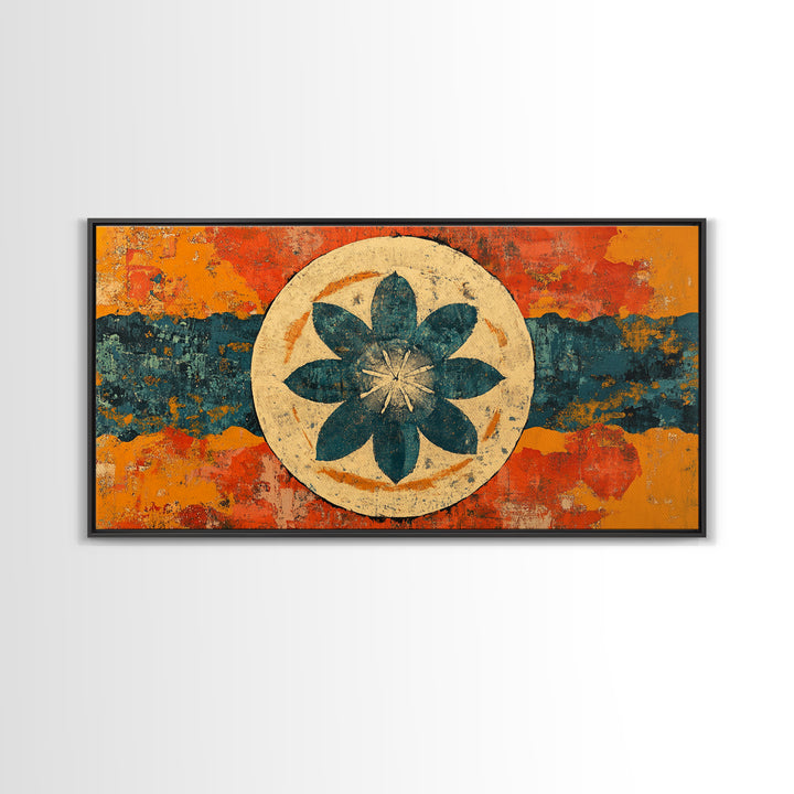 Teal Lotus Flower Circle Wall Art, Retro Abstract Canvas Print, Mid Century Modern Decor, Orange Blue Zen Home Decor, Statement Artwork