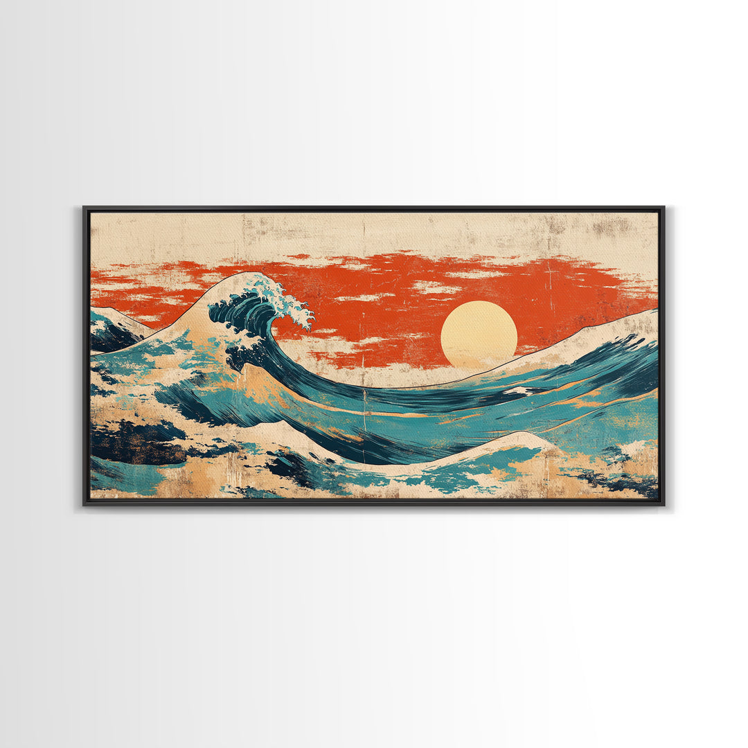 Japanese Great Wave Canvas Print, Red Sunset Ocean Wall Art, Ukiyo E Inspired Seascape, Coastal Living Room Decor, Home Decor