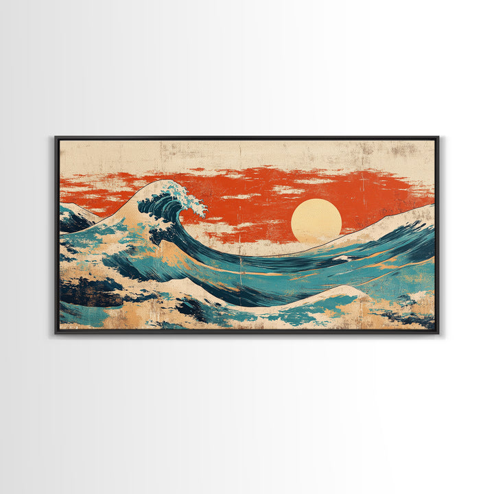 Japanese Great Wave Canvas Print, Red Sunset Ocean Wall Art, Ukiyo E Inspired Seascape, Coastal Living Room Decor, Home Decor