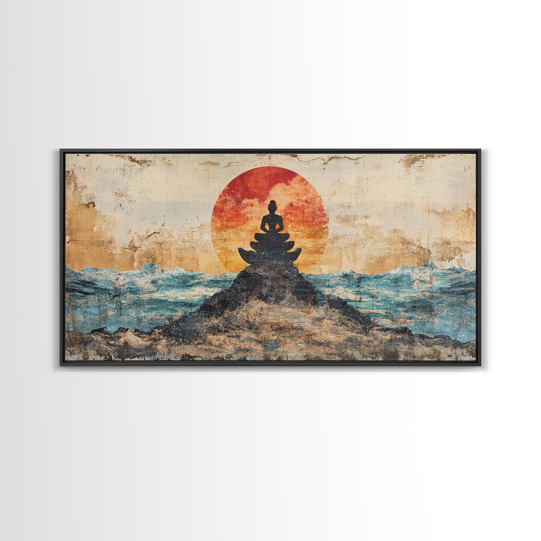 Buddha Meditation On Ocean Rocks Wall Art, Zen Canvas Print, Spiritual Decor, Mindfulness Art, Yoga Room Wall Decor, Calming Wall Art