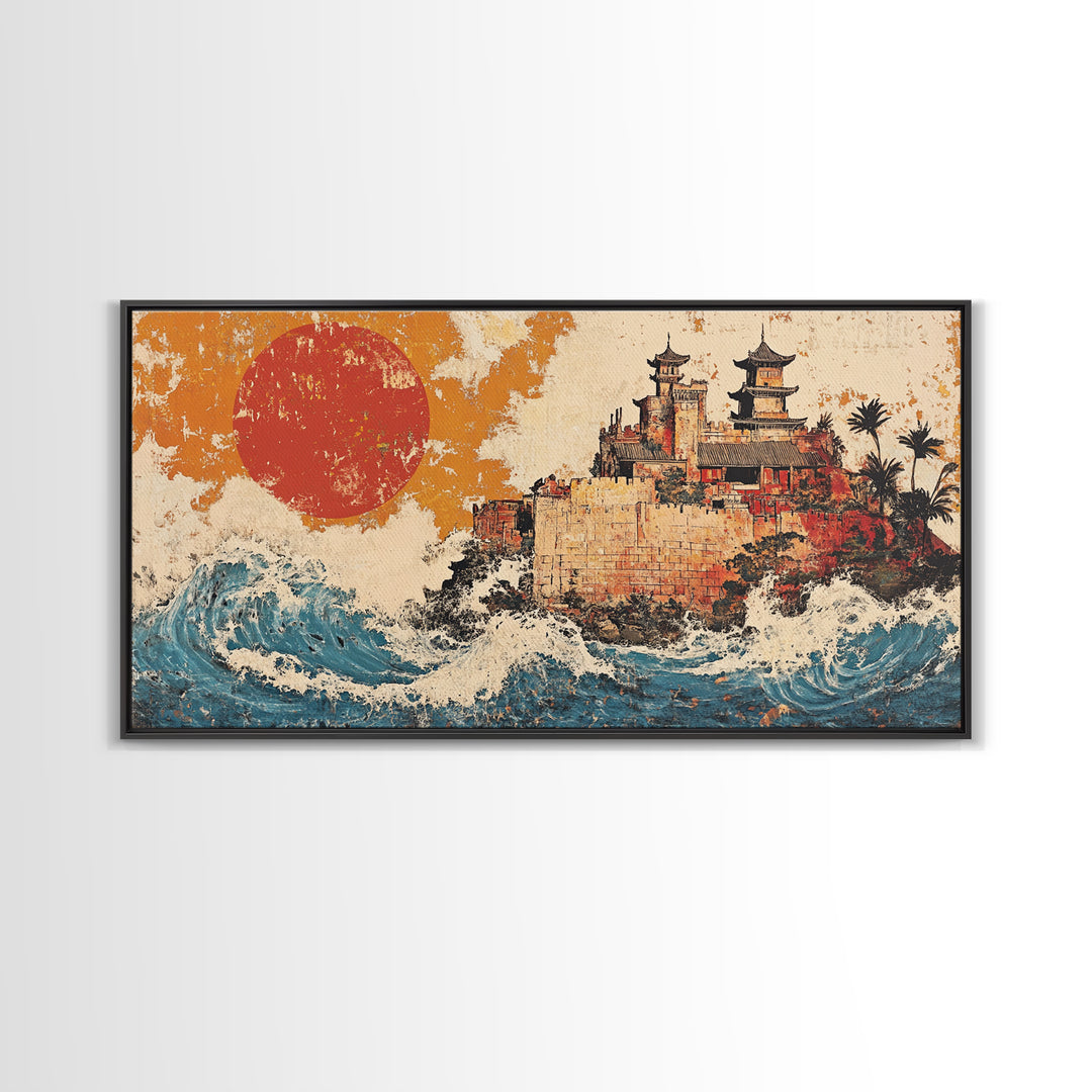 Asian Coastal Castle With Red Sun Canvas Print, Japanese Wall Art, Ocean Waves, Travel Poster, Statement Home Decor, Large Wall Art