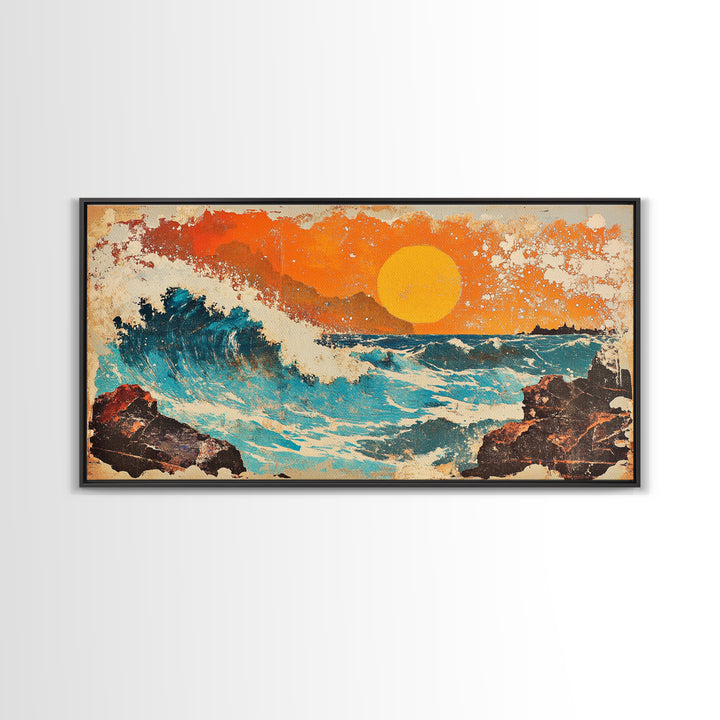 Rocky Ocean Sunset Wave Wall Art, Abstract Seascape Canvas Print, Coastal Living Room Decor, Beach House Home Decor, Large Wall Art