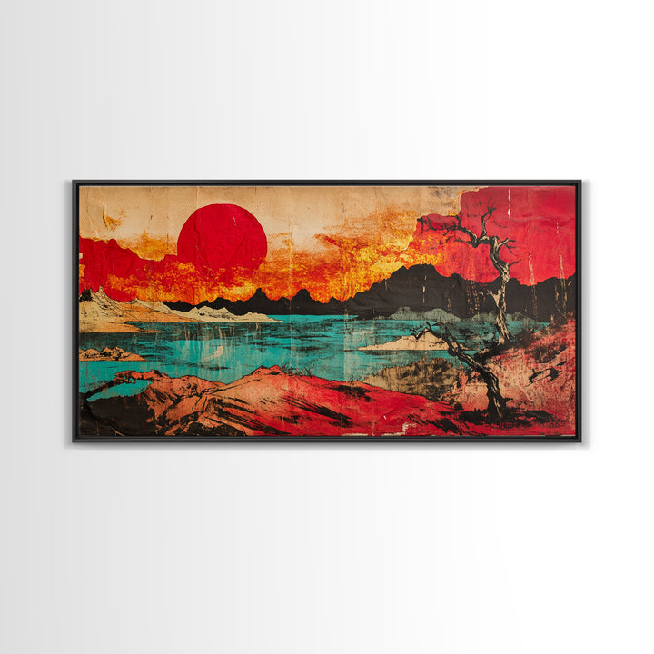 Red Sun Mountain Lake Wall Art, Japanese Sunset Landscape Canvas Print, Bold Desert Decor, Modern Living Room Statement Art