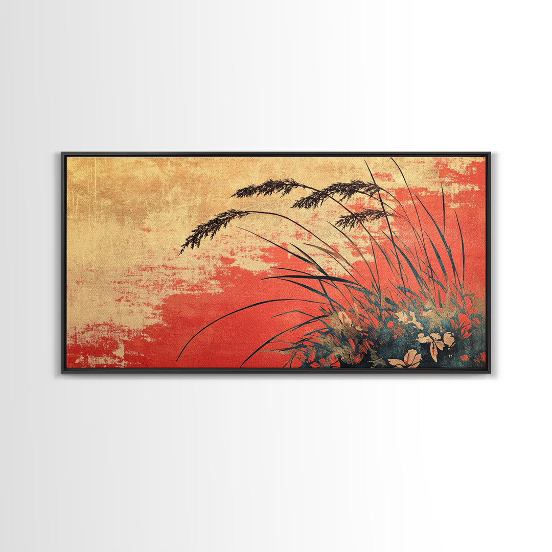 Red Sunset Grassland Wall Art, Botanical Landscape Canvas Print, Rustic Nature Decor, Warm Earth Tone Modern Living Room Art