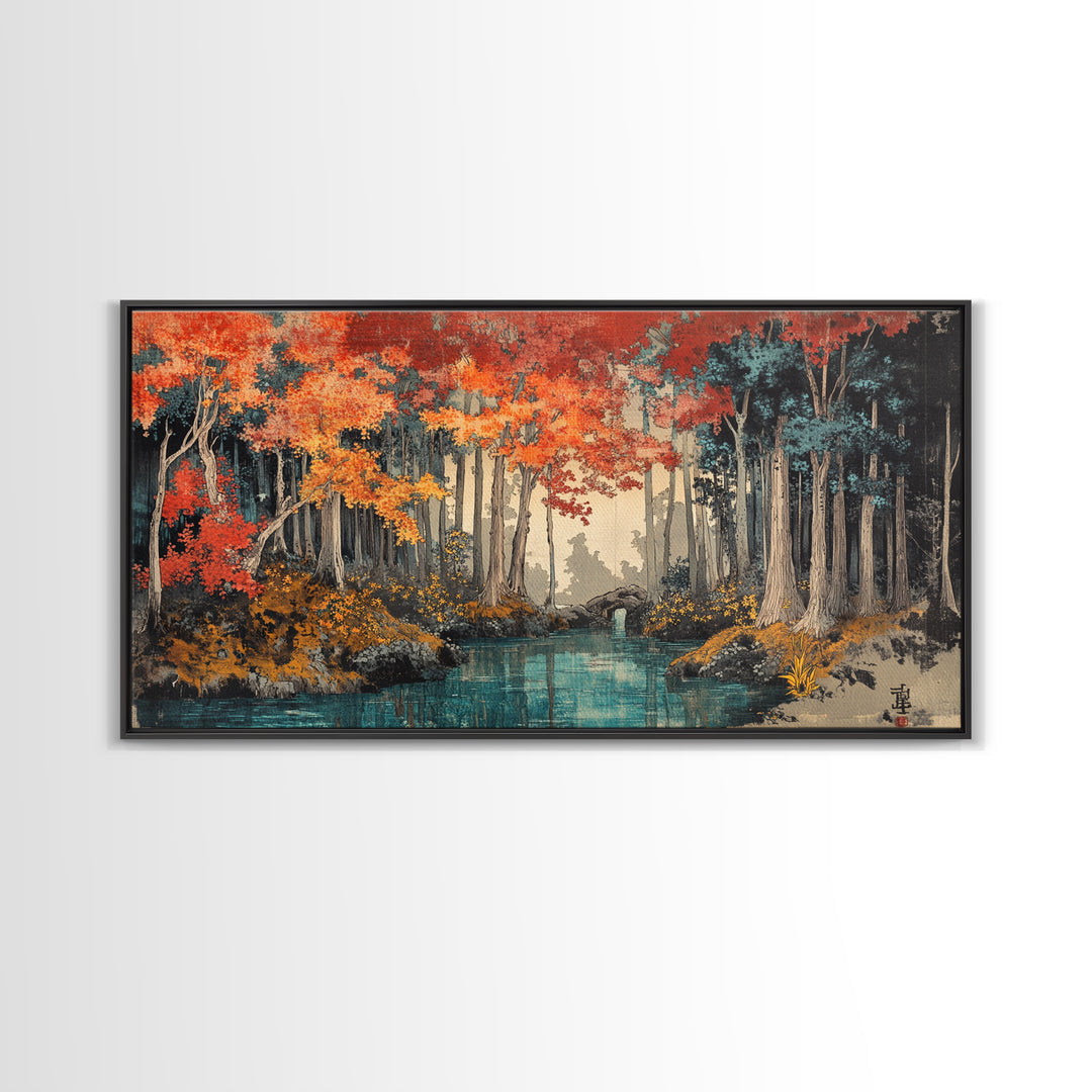 Autumn Forest River Wall Art, Japanese Landscape Canvas Print, Moody Woodland Decor, Large Living Room Wall Decor, Above Sofa Art