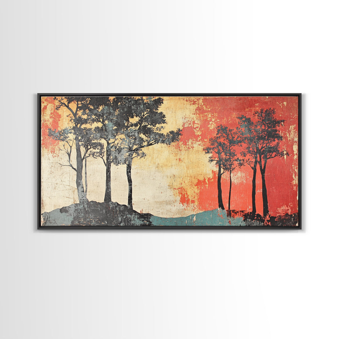 Silhouette Trees With Red Sky Wall Art, Abstract Landscape Canvas Print, Modern Rustic Decor, Wide Horizontal Wall Art Print