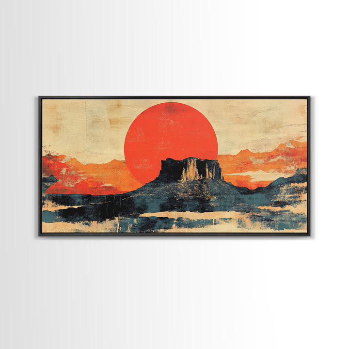 Desert Mesa Red Sun Wall Art, Southwestern Landscape Canvas Print, Modern Western Decor, Large Horizontal Living Room Art