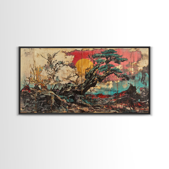 Ancient Pine Tree Sunset Over Misty Rocks Wall Art, Japanese Landscape Print, Zen Nature Decor For Calm Living Room Decor, Home Decor