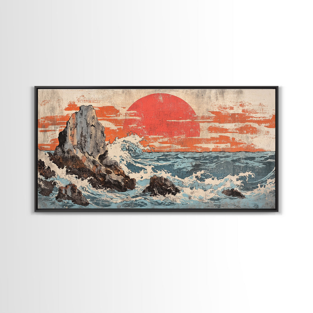 Rocky Ocean Cliffs With Red Sun And Crashing Waves Canvas Print, Japanese Coastal Wall Decor, Large Seascape Art, Living Room Wall Art