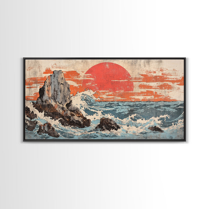 Rocky Ocean Cliffs With Red Sun And Crashing Waves Canvas Print, Japanese Coastal Wall Decor, Large Seascape Art, Living Room Wall Art