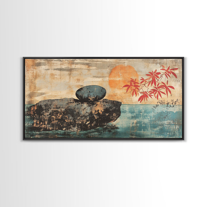 Zen Stone On Sea Cliff At Sunset Canvas Print, Japanese Minimalist Wall Art, Calm Coastal Decor, Spa Home Decor, Living Room Art