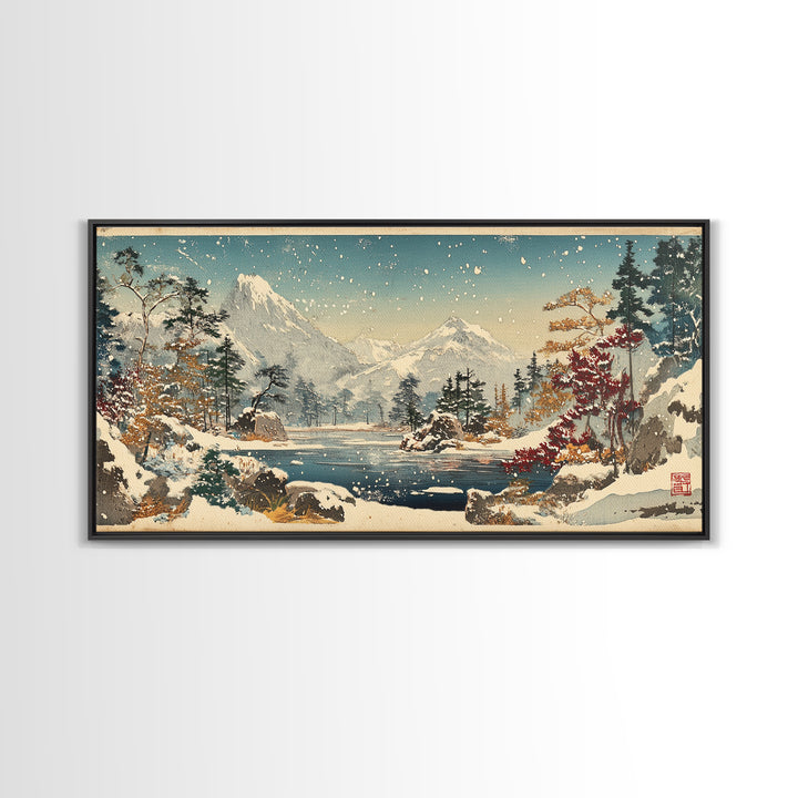 Snowy Mountain Lake With Pines And Falling Snow Wall Art, Winter Landscape Print, Japanese Nature Decor For Cabin Home Decor