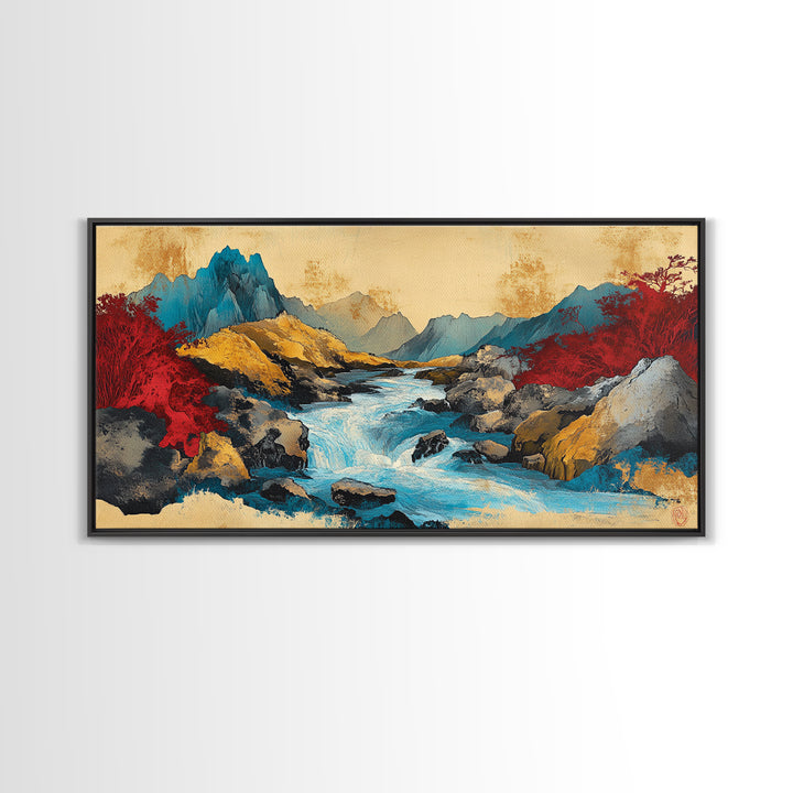 Turquoise Mountain River And Red Autumn Trees Wall Art, Panoramic Landscape Canvas, Modern Nature Decor, Living Room Print