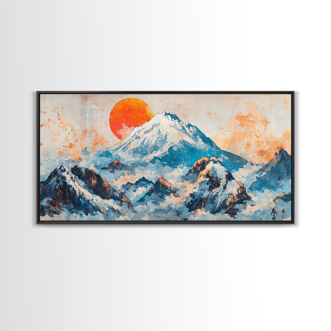 Snowy Blue Mountains And Rising Orange Sun Framed Canvas Print, Japanese Landscape Wall Art, Large Modern Living Room Decor