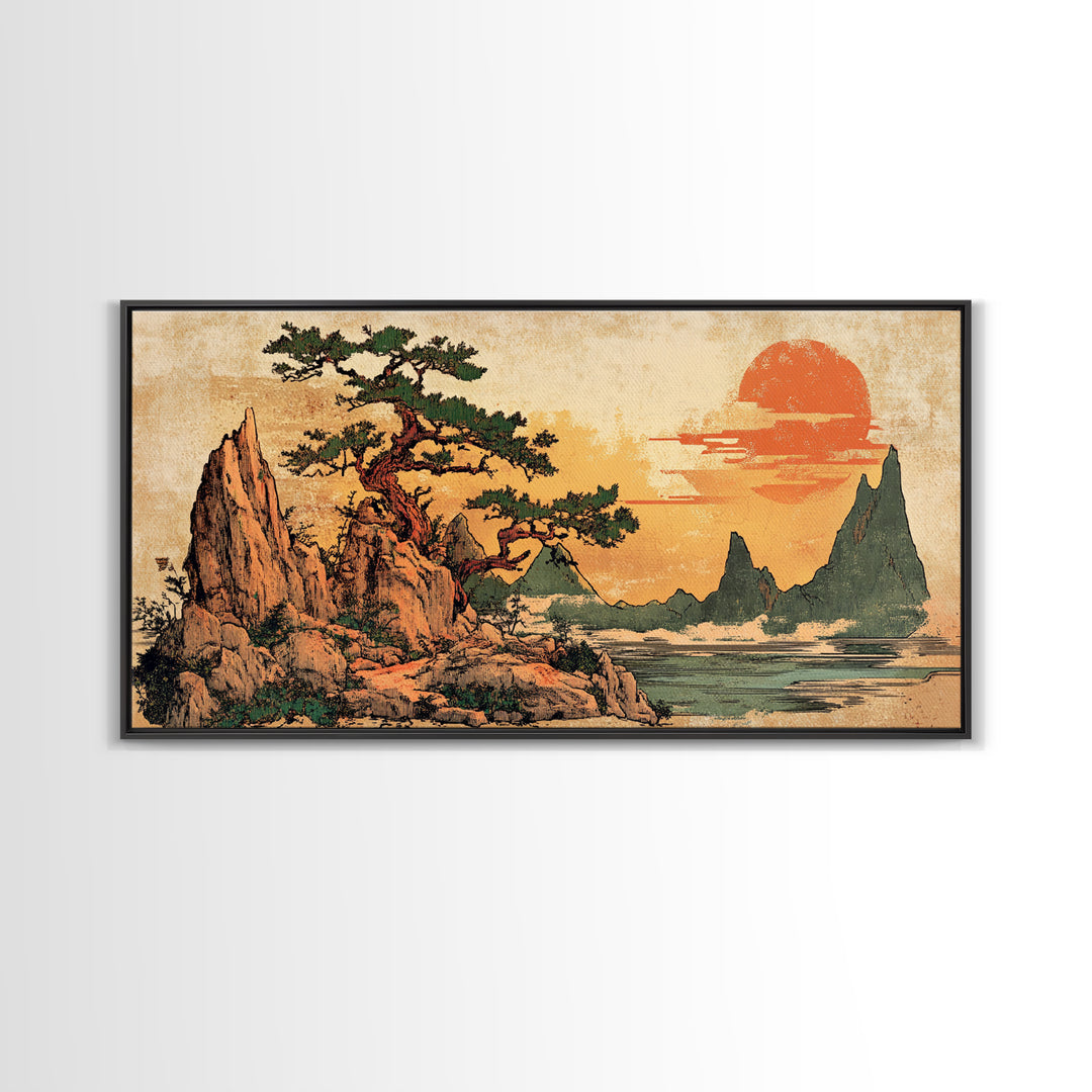 Twisted Pine On Rocky Coast At Sunset Canvas Print, Japanese Landscape Wall Art, Modern Coastal Japandi Living Room Decor