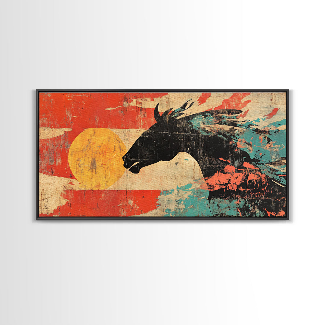 Black Wild Horse Silhouette With Red Sun Wall Art, Western Abstract Canvas Print, Rustic Cowboy Decor For Living Room Gift