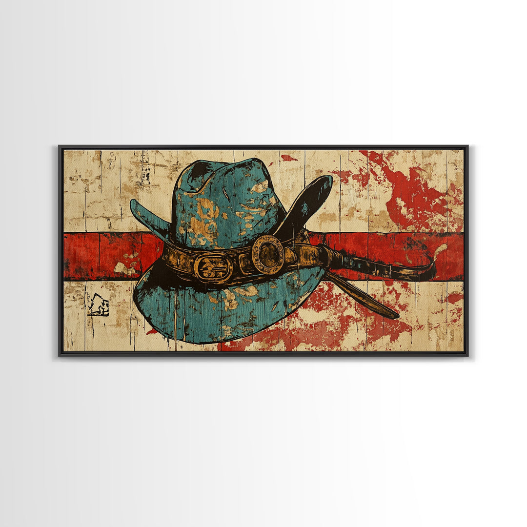 Turquoise Cowboy Hat And Lasso On Rustic Wood Wall Art, Western Canvas Print, Ranch Living Room Decor, Gift For Horse Lover
