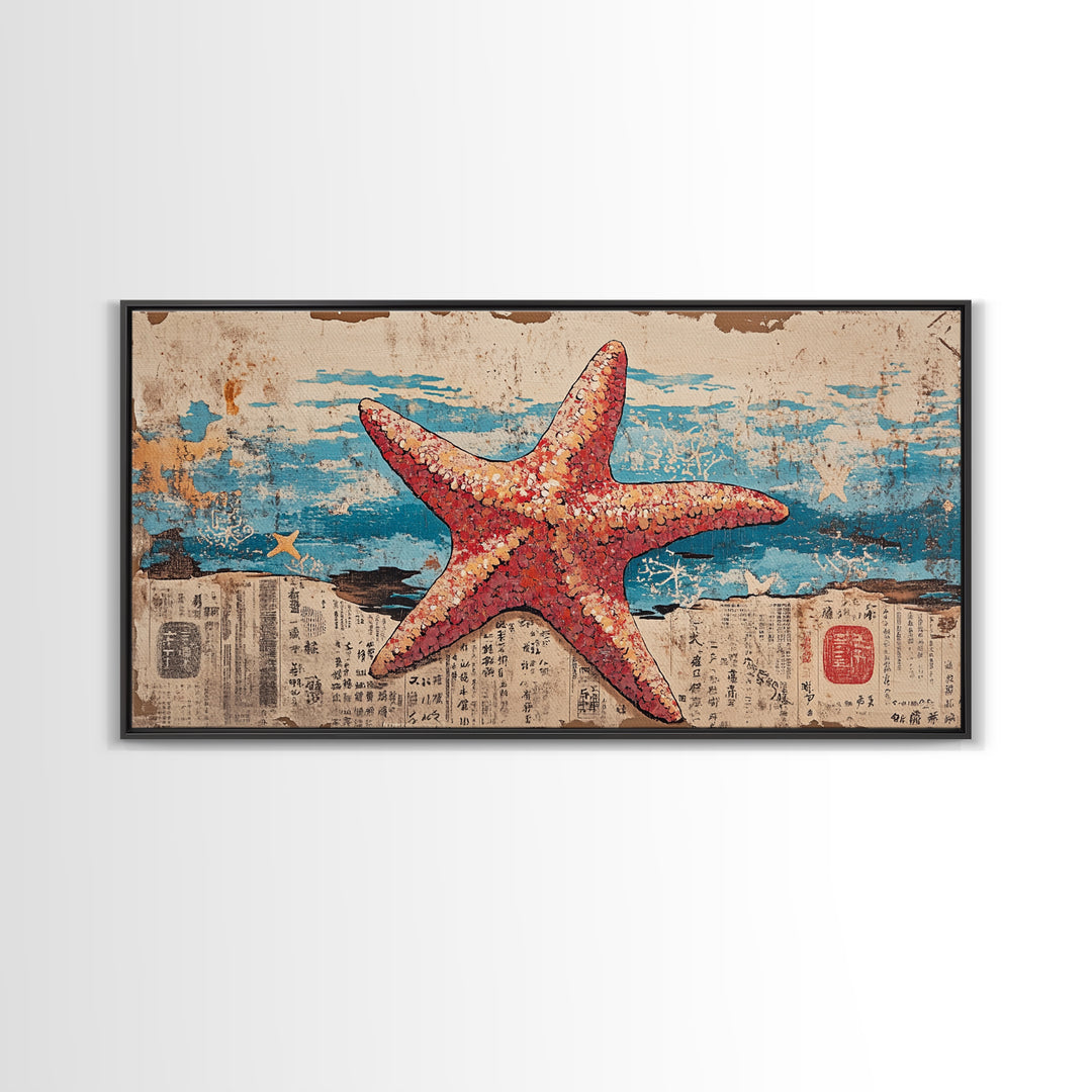 Pink Starfish On Weathered Ocean Pages Wall Art, Coastal Canvas Print, Beach House Living Room Decor, Nautical Bathroom Art