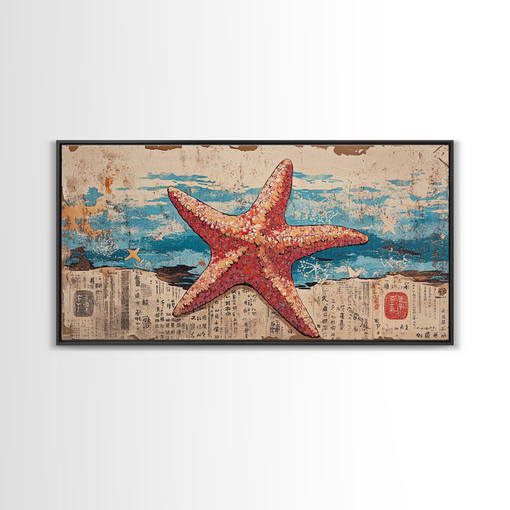Pink Starfish On Weathered Ocean Pages Wall Art, Coastal Canvas Print, Beach House Living Room Decor, Nautical Bathroom Art