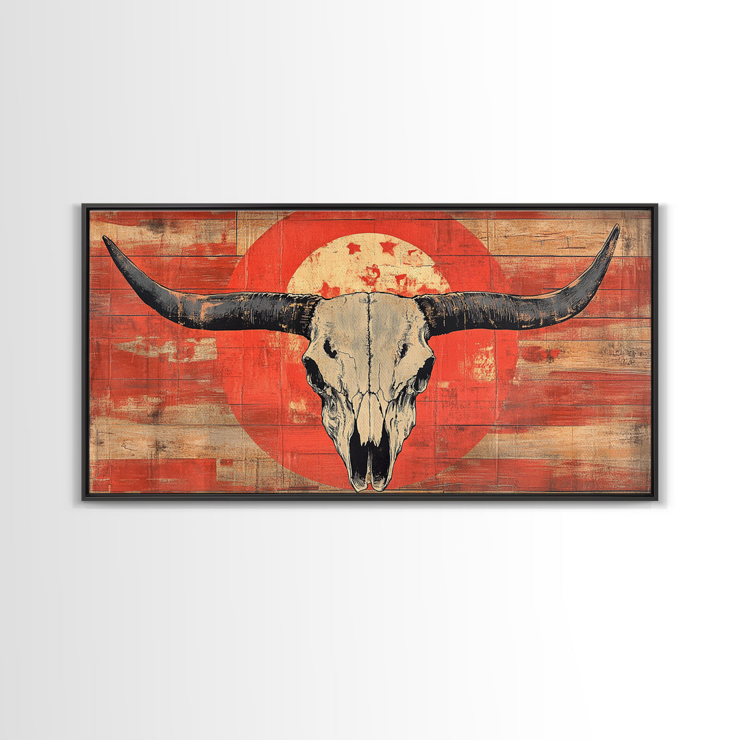 Longhorn Skull On Distressed Red Wood Wall Art, Western Framed Canvas Print, Rustic Cowboy Ranch Home Decor For Living Room