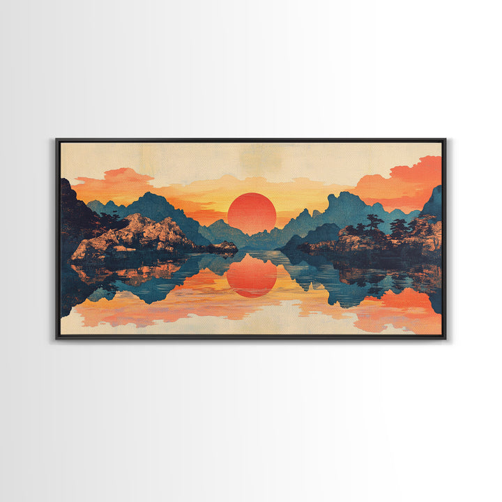 Red Sun Mountain Lake Reflection Wall Art, Japanese Landscape Print, Panoramic Canvas, Serene Living Room Decor, Above Sofa Decor