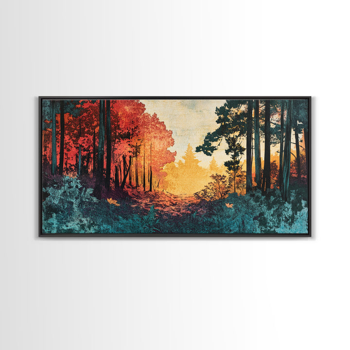 Autumn Forest Path Wall Art, Moody Landscape Canvas Print, Red Trees Nature Decor, Rustic Cabin Living Room Wall Decor Gift