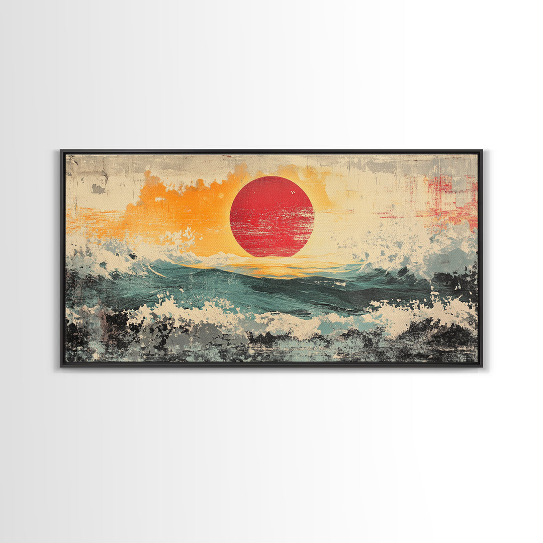 Abstract Red Sun Seascape Wall Art, Ocean Wave Canvas Print, Coastal Modern Decor, Large Living Room Wall Decor, Above Sofa Decor