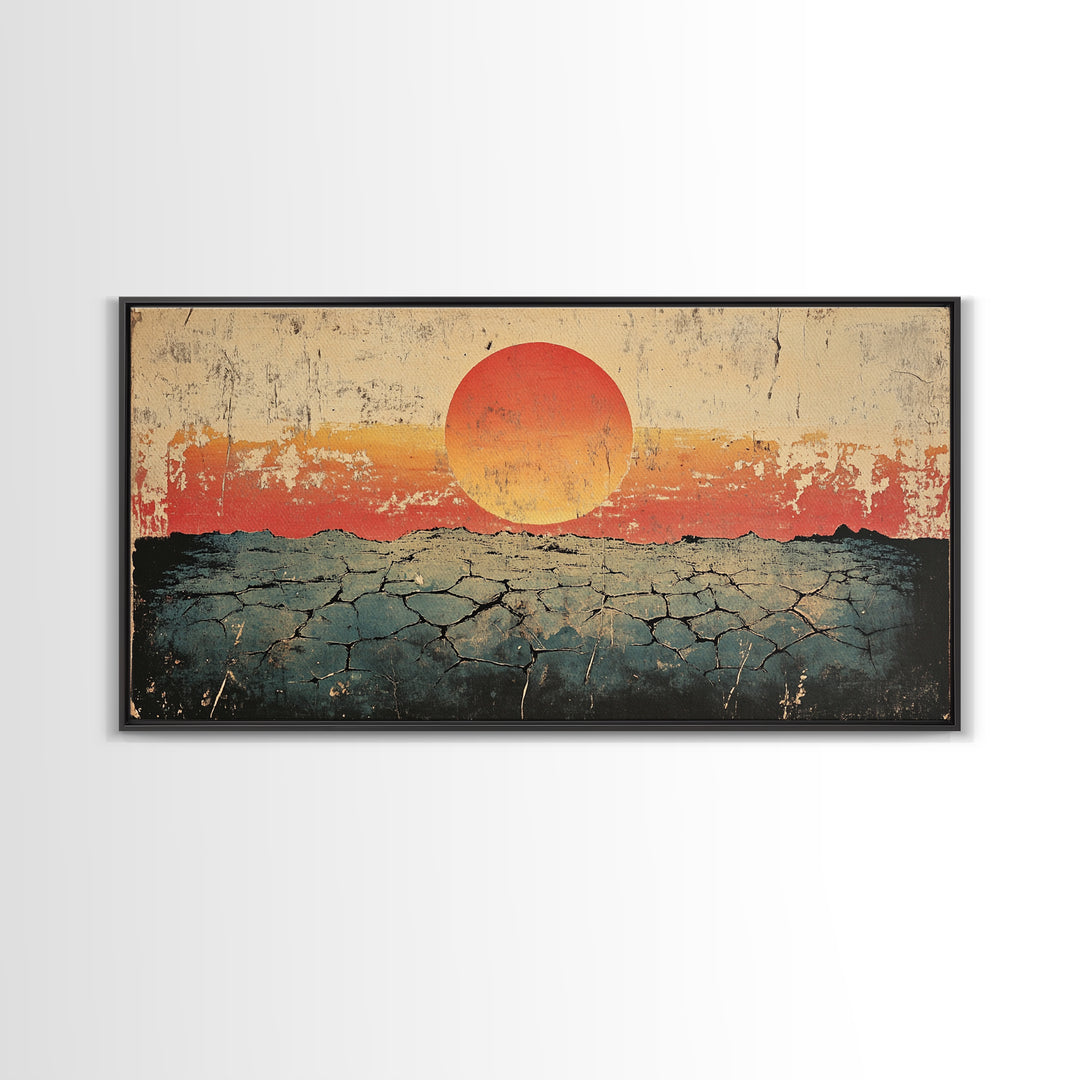 Cracked Desert Red Sun Wall Art, Southwestern Canvas Print, Minimal Landscape, Earth Tone Modern Living Room Decor, Housewarming Gift