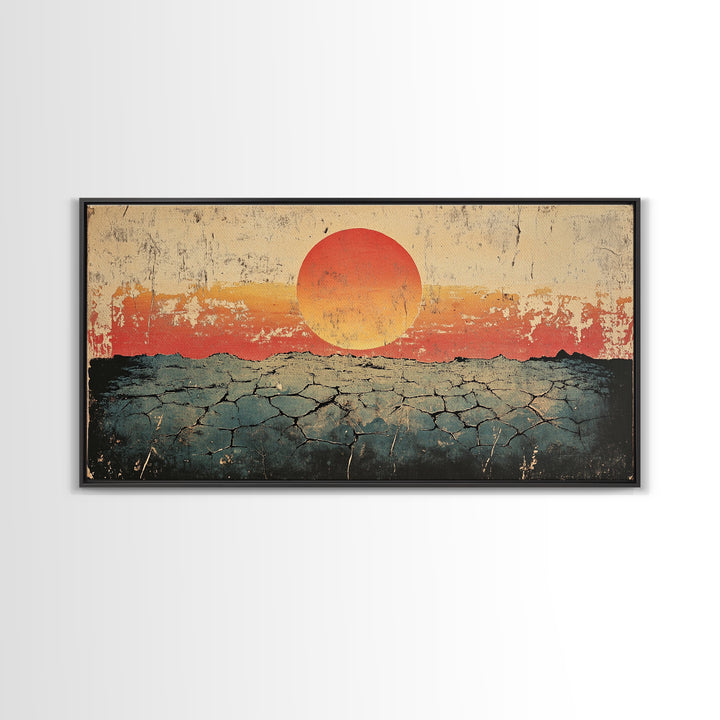 Cracked Desert Red Sun Wall Art, Southwestern Canvas Print, Minimal Landscape, Earth Tone Modern Living Room Decor, Housewarming Gift