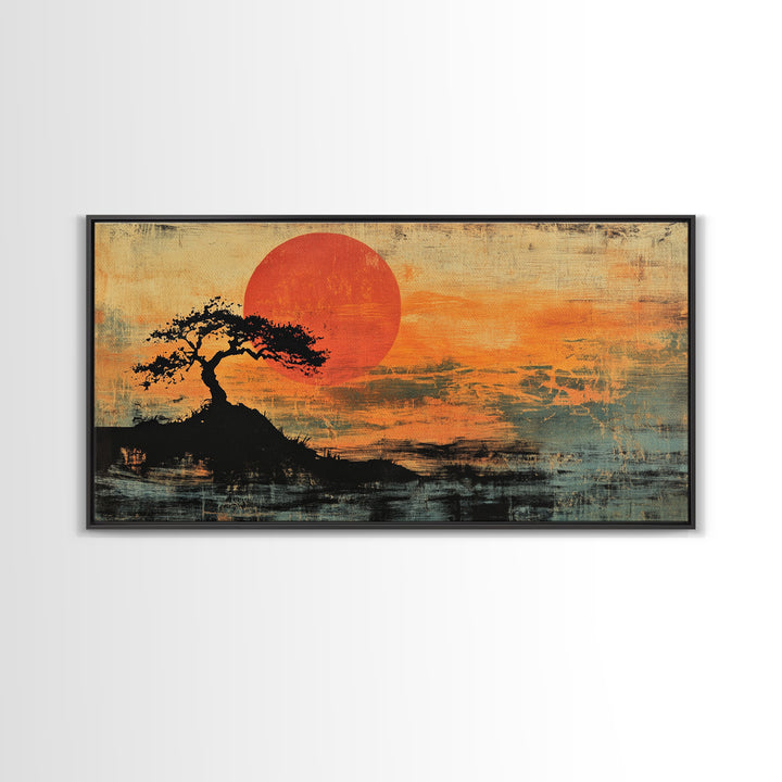 Solitary Tree Sunset Wall Art, Japanese Landscape Print, Moody Orange Coastal Decor, Panoramic Canvas Print For Living Room