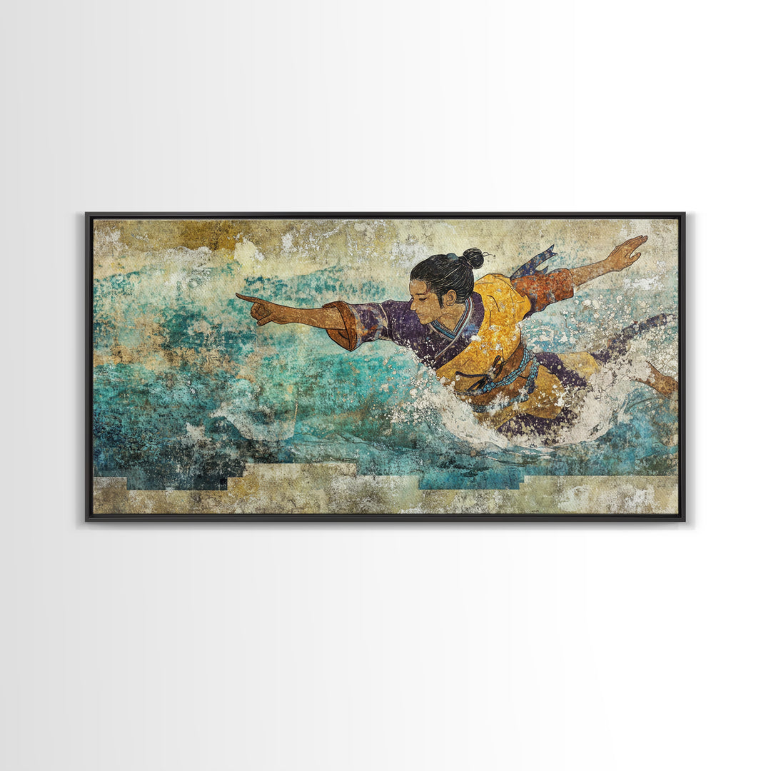 Japanese Warrior Swimming In Turquoise Waves Canvas Print, Asian Inspired Wall Decor, Martial Arts Gift, Coastal Home Decor