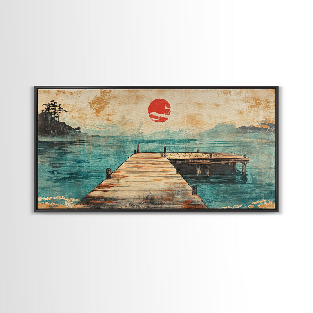 Quiet Dock On Misty Lake Wall Art, Japanese Red Sun Landscape Print, Coastal Cabin Decor, Serene Living Room Art, Housewarming Gift
