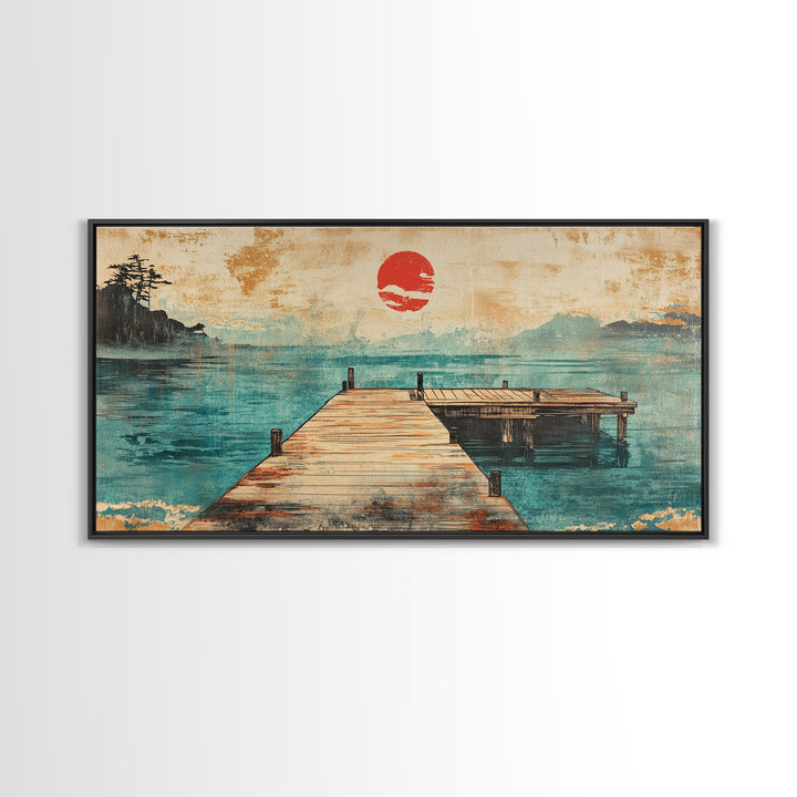 Quiet Dock On Misty Lake Wall Art, Japanese Red Sun Landscape Print, Coastal Cabin Decor, Serene Living Room Art, Housewarming Gift