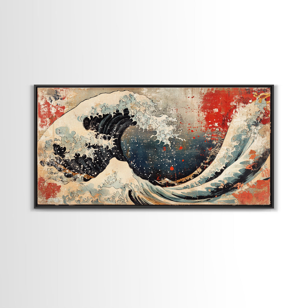 Great Wave With Red Sun Canvas Print, Japanese Ocean Wall Art, Hokusai Inspired Seascape, Coastal Living Room Decor Gift