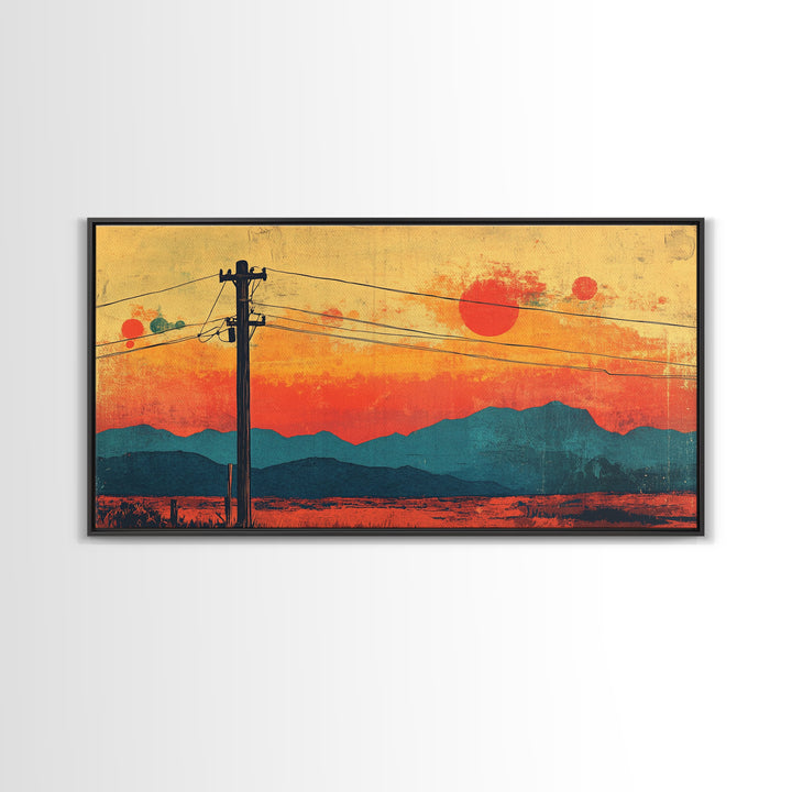 Telephone Poles At Orange Desert Sunset Wall Art, Retro Japanese Landscape Print, Mountain Decor, Mid Century Canvas Print