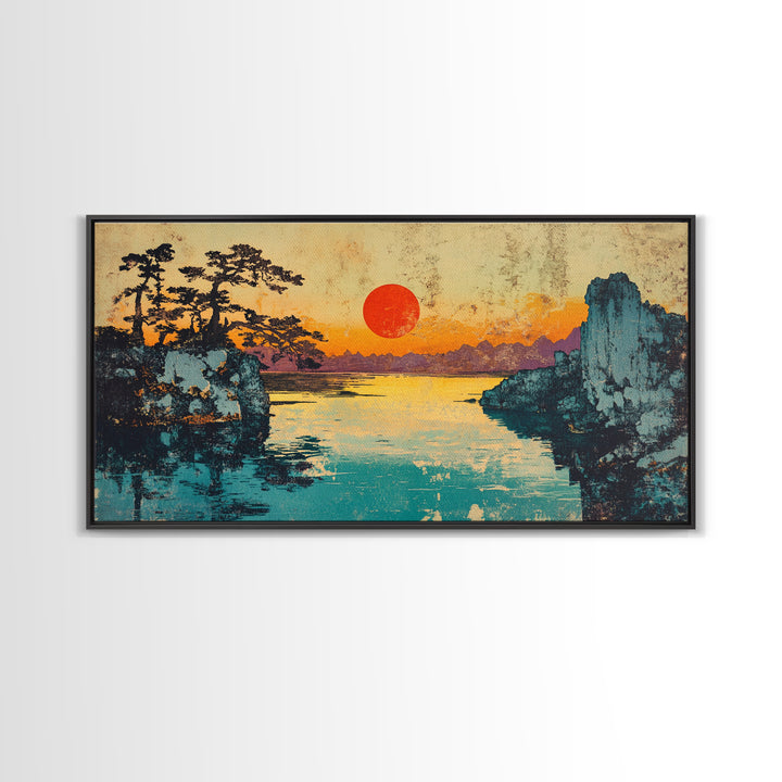 Red Sun Lake Between Pine Cliffs Wall Art, Japanese Landscape Canvas Print, Serene Nature Decor, Coastal Living Room Gift
