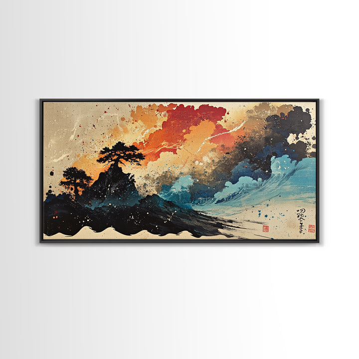 Stormy Island Waves And Red Clouds Wall Art, Japanese Ink Seascape Print, Moody Coastal Decor, Dramatic Canvas Print Gift