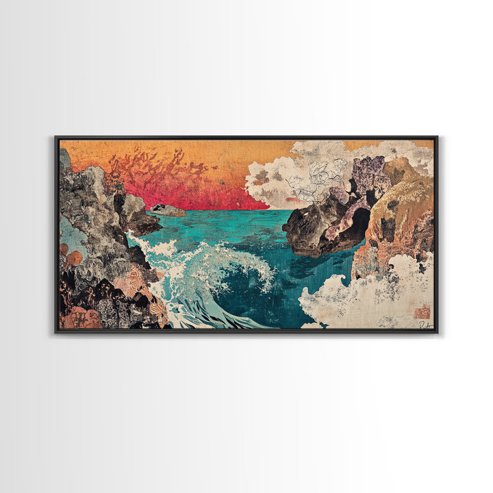 Rocky Cove With Turquoise Surf Wall Art, Japanese Coastal Seascape Print, Ocean Landscape Decor, Large Canvas Print Gift