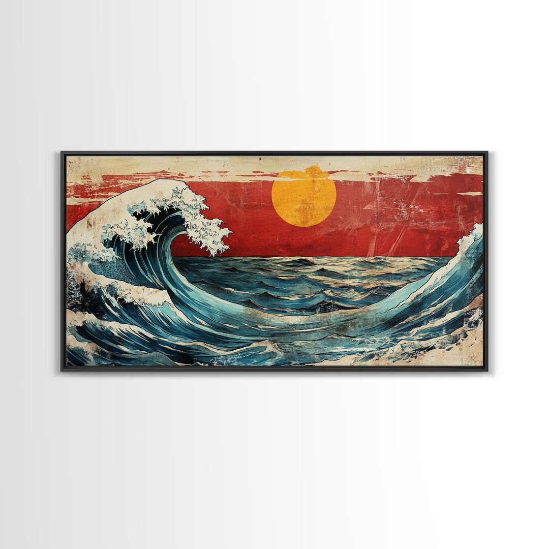 Rolling Ocean Wave Under Yellow Sun Canvas Print, Japanese Seascape Wall Art, Coastal Living Room Decor, Beach House Gift