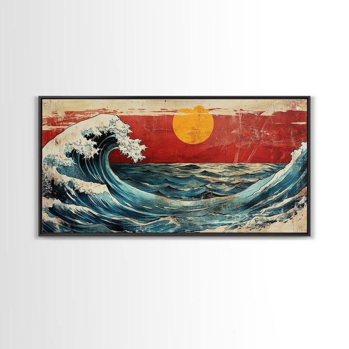 Rolling Ocean Wave Under Yellow Sun Canvas Print, Japanese Seascape Wall Art, Coastal Living Room Decor, Beach House Gift