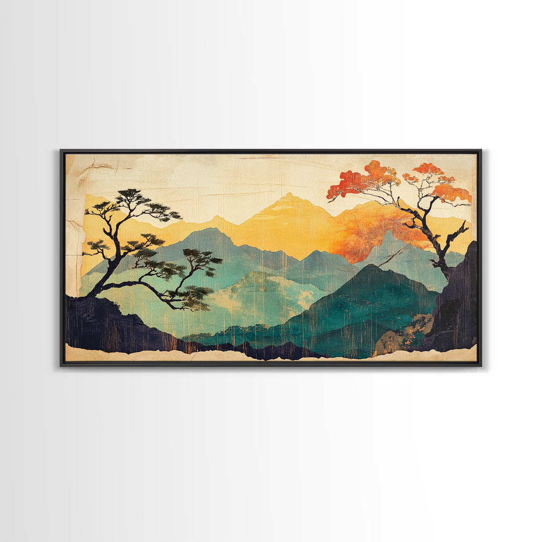 Golden Mountain Sunrise With Autumn Trees Wall Art, Japandi Landscape Canvas Print, Nature Decor For Calm Living Room And Bedroom Decor
